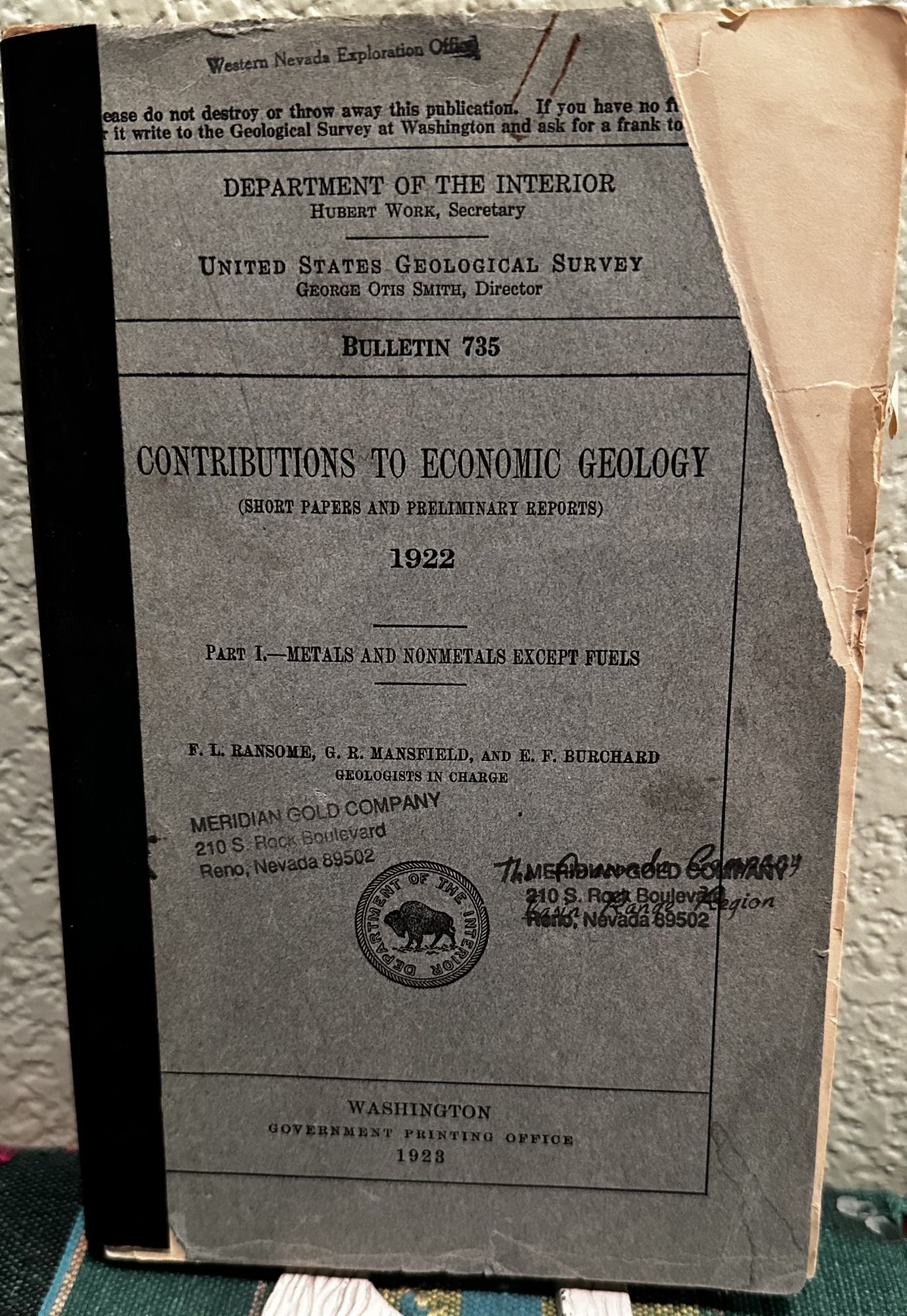 Contributions to Economic Geology (Short Papers and Preliminary Reports) 1922, Part II Metals and. F. L. Ransome.