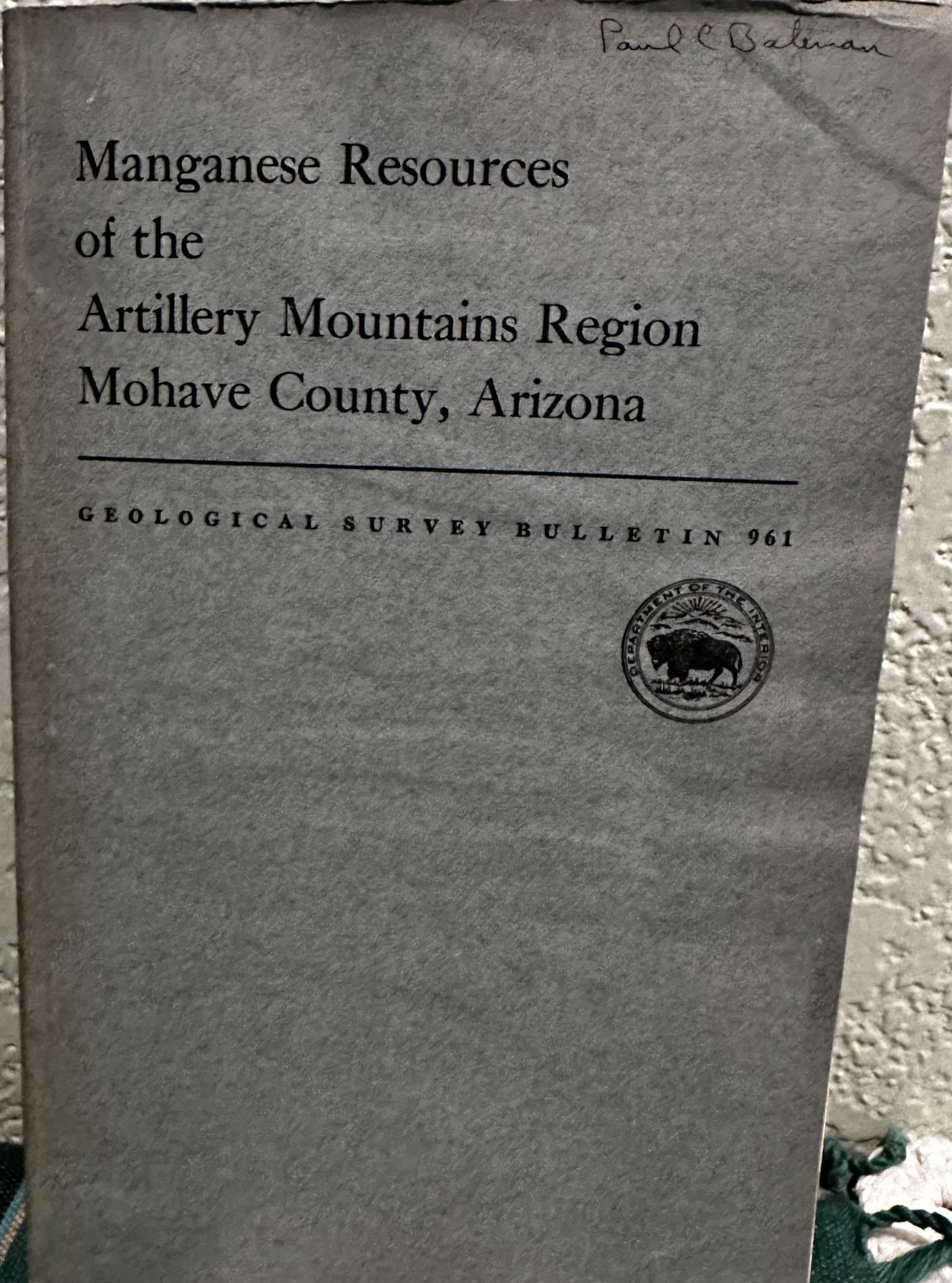 Manganese Resources of the Artillery Mountains Region Mohave County, Arizona. S. G. Lasky, B. N. Webber.
