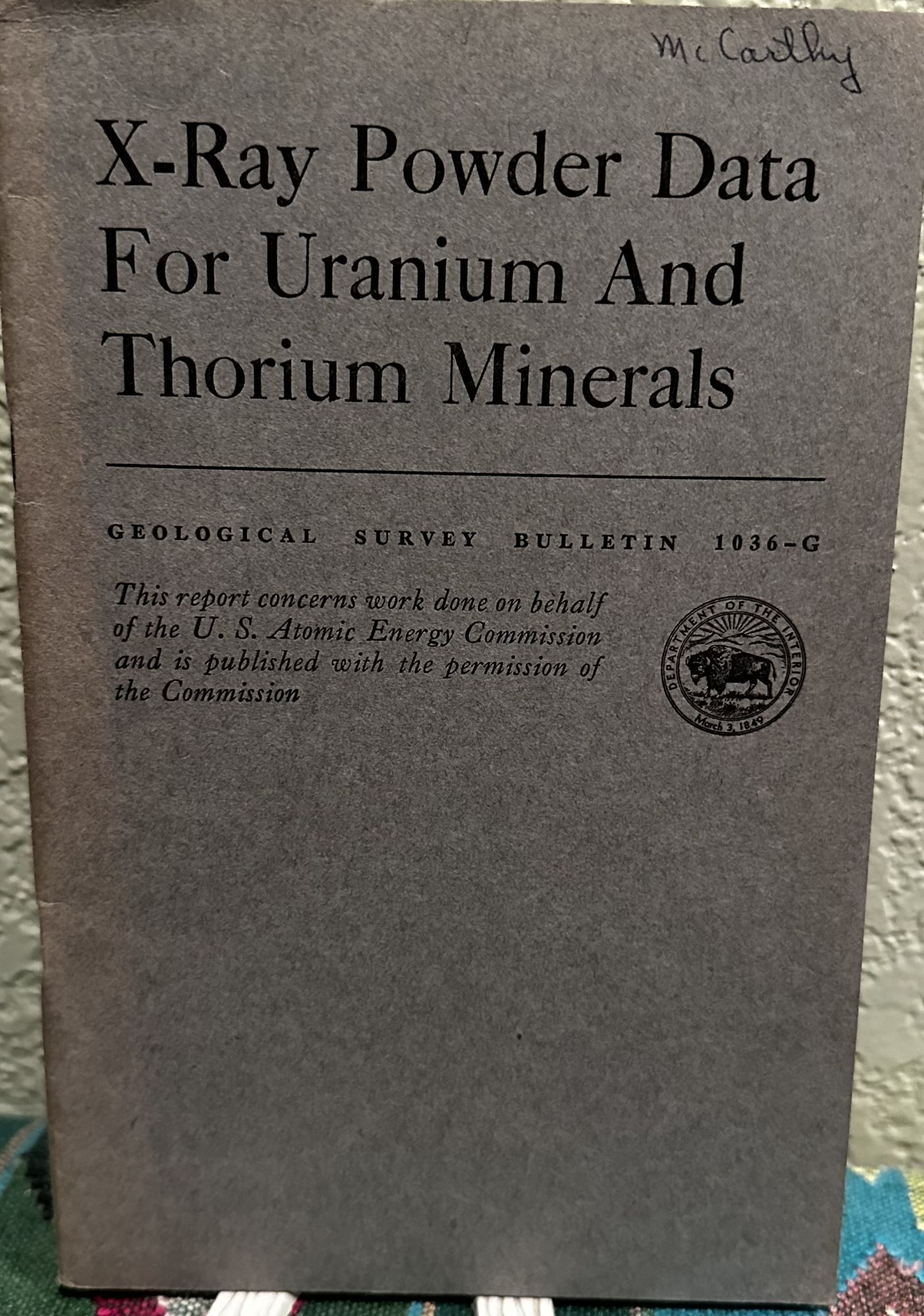 X-ray powder data for uranium and thorium minerals. Clifford Riska Frondel, Daphne, Judith Weiss Frondel.