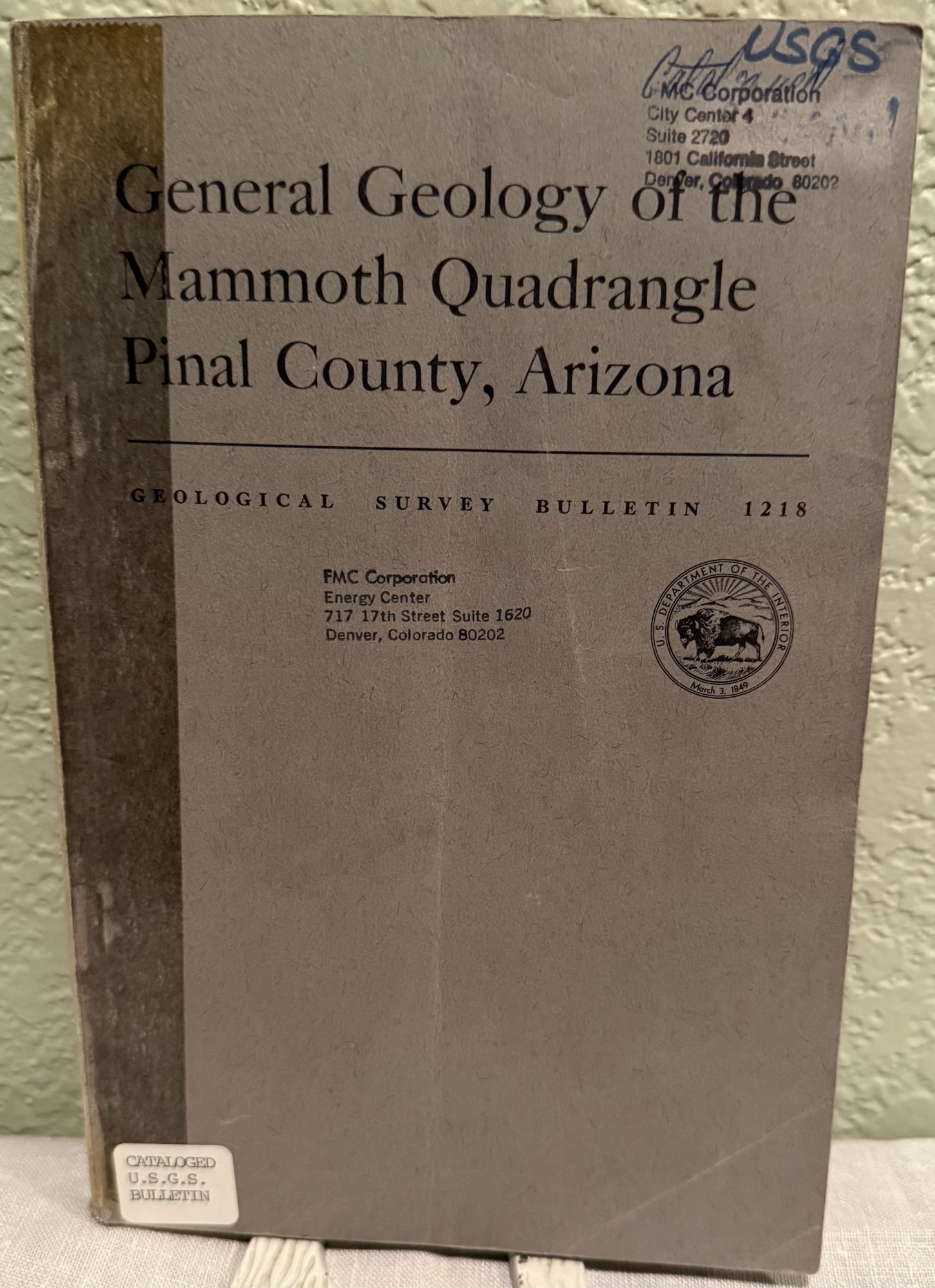 General geology of the Mammoth quadrangle, Pinal County, Arizona. S. C. Creasey.