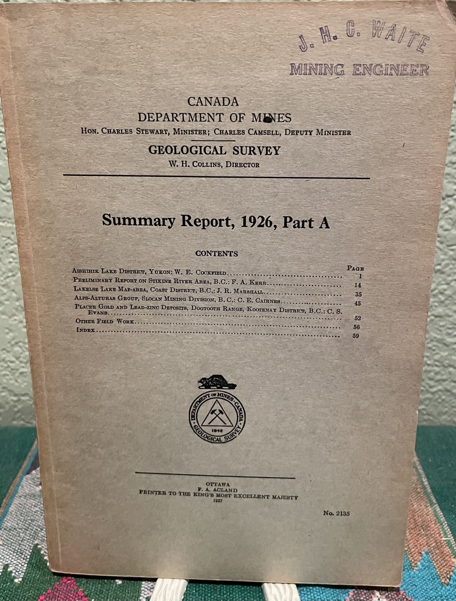Summary Report, 1926, Part A. W. H. Collins.