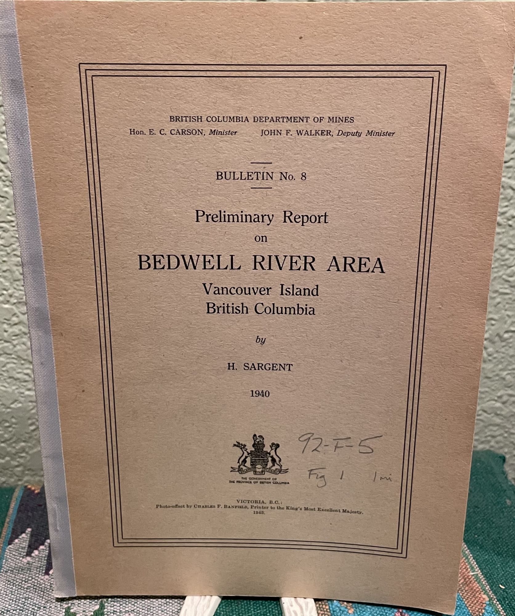 Preliminary Report on Bedwell River Area, Vancouver Island, British Columbia. H. Sargent.