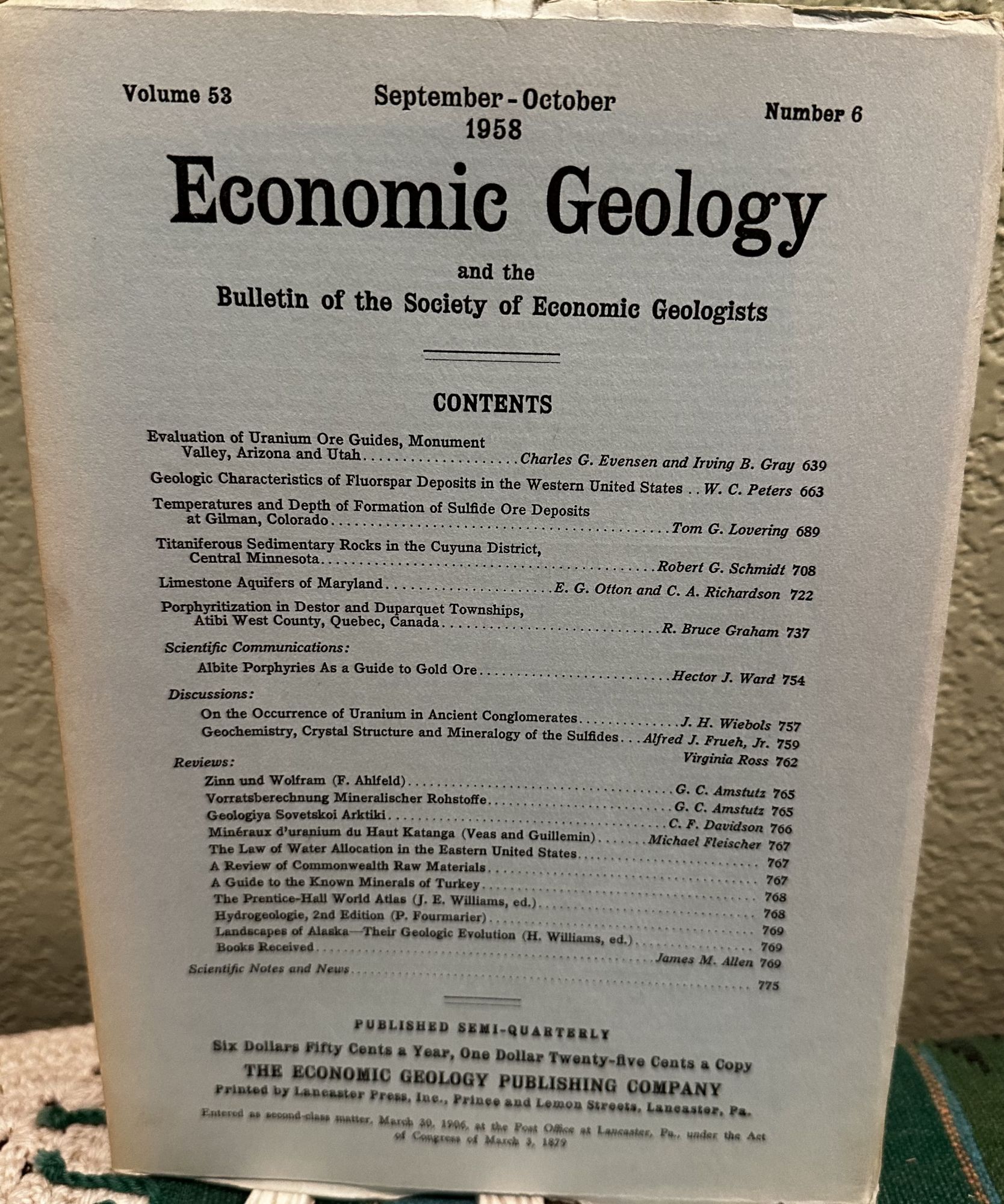 Economic Geology and the Bulletin of the Society of Economic Geologists Volume 53 Number 6. Alan Mara Bateman, Morris M. Leighton.