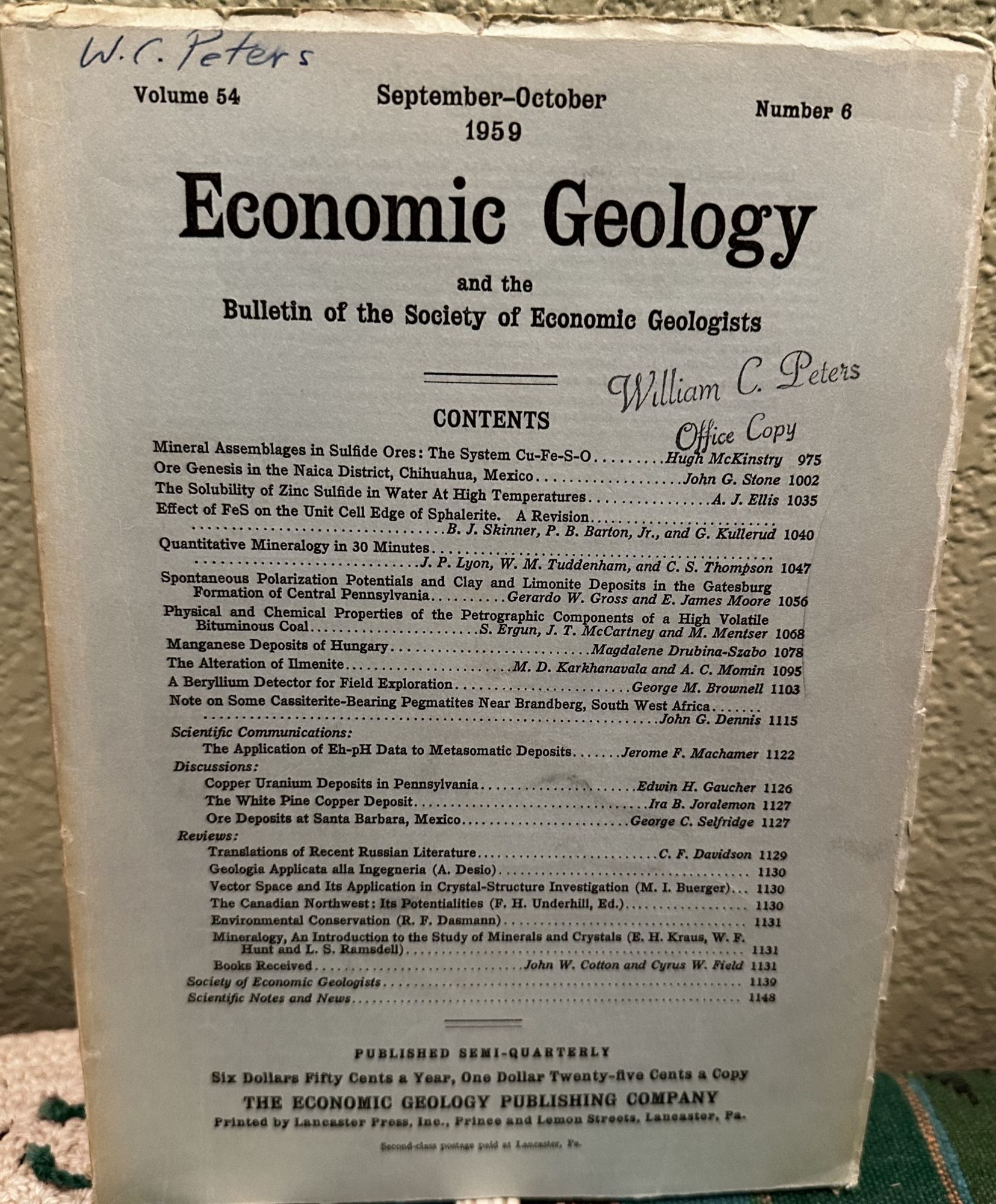Economic Geology and the Bulletin of the Society of Economic Geologists Volume 54 Number 6. Alan Mara Bateman, Morris M. Leighton.