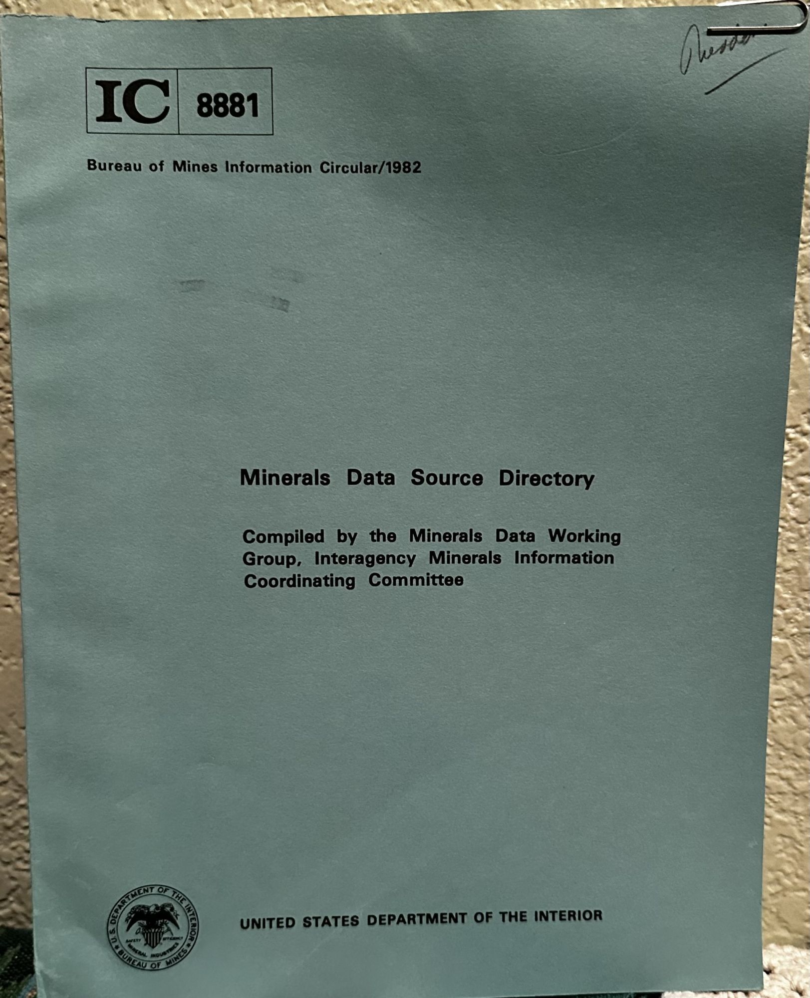 Minerals Data Source Directory, IC 8881. Minerals Data Working Group.