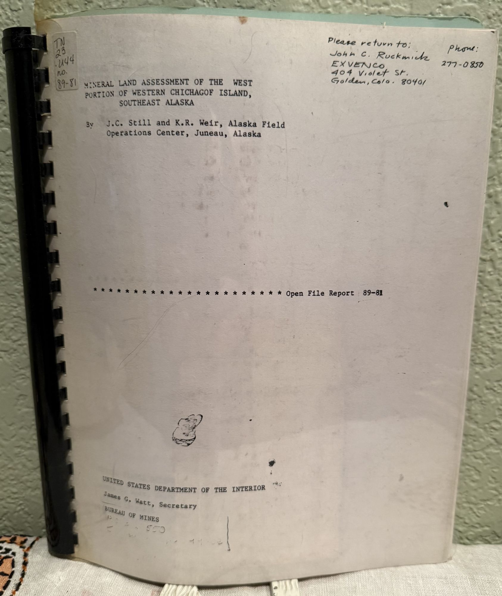 Mineral Land Assessment of the West Portion of Western Chichagof Island, Southeast Alaska; Open. J. C. Still, K. R. Weir.