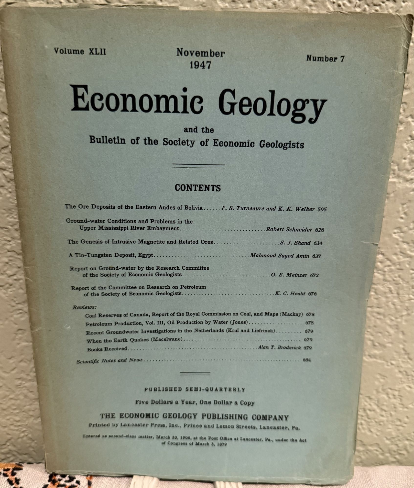 Economic Geology and the Bulletin of the Society of Economic Geologists; Volume XLII, November. Alan Mara Bateman, Morris M. Leighton.